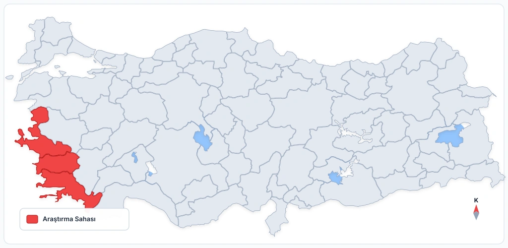 Türkiye haritası üzerinde Kıyı Ege (İzmir, Aydın ve Muğla) sahasının kırmızı renkle gösterildiği araştırma alanı haritası.