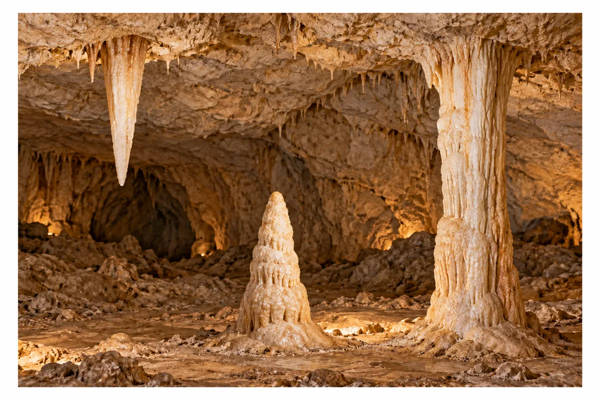 Mağara içinde tavandan aşağı uzanan, tabandan yukarı yükselen ve taban ile tavanı birleştiren taş oluşumları görülür. Görselde isim veya harf etiketi yoktur.