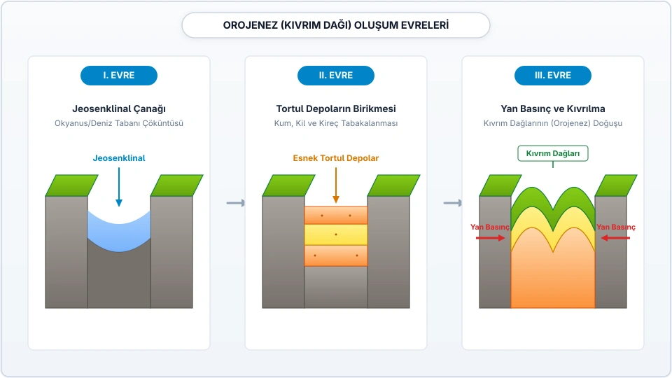 Jeosenklinal çanağında tortul birikimini ve yan basınçlarla kıvrım dağlarının oluşumunu gösteren 3 aşamalı jeolojik blok diyagramı.