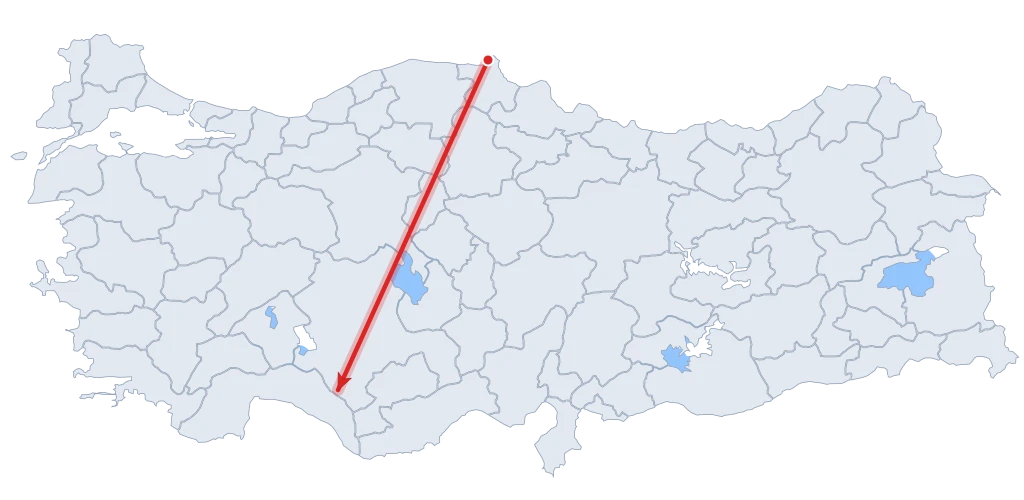 Batı Karadeniz kıyısından (Sinop) başlayıp İç Anadolu batısı üzerinden Akdeniz kıyısına (Antalya Körfezi) inen araştırma güzergâhını gösteren Türkiye haritası.
