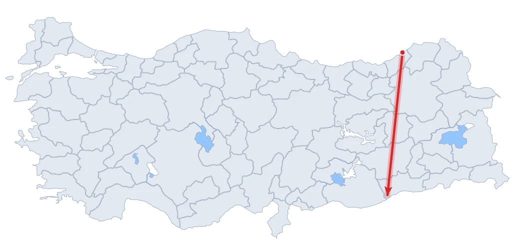 Doğu Karadeniz kıyısından (Rize) başlayıp Doğu Anadolu üzerinden Güneydoğu Anadolu sınırına inen araştırma güzergâhını gösteren Türkiye haritası.