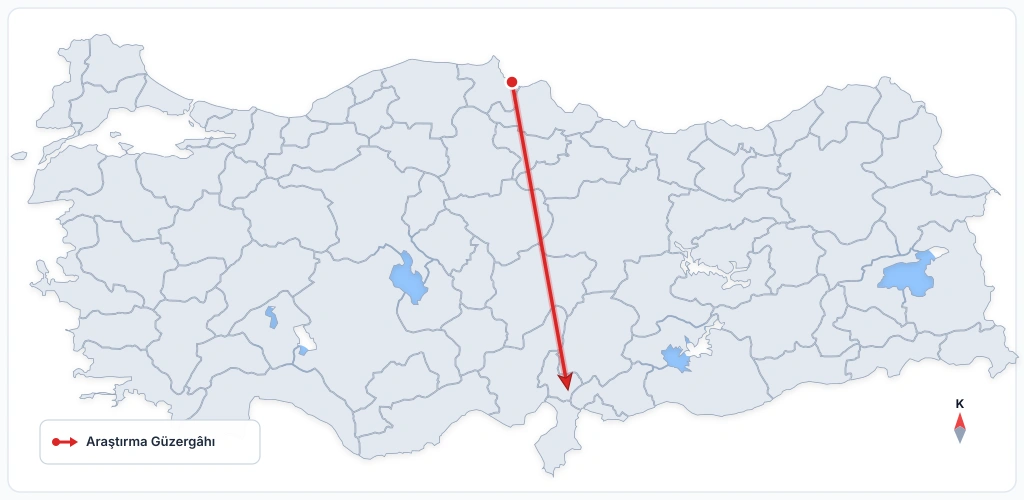 Orta Karadeniz kıyısından başlayıp İç Anadolu üzerinden Akdeniz kıyısına (Çukurova) inen araştırma güzergâhını gösteren Türkiye haritası.